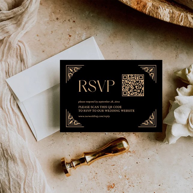 Modern Deco | Black and Gold Wedding QR Code RSVP Card (Modern deco black and gold QR code RSVP card keeps replies effortless with sleek elegance)