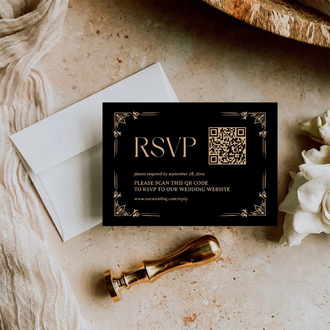 Modern Deco | Black and Gold Wedding QR Code       RSVP Card (Creator Uploaded)