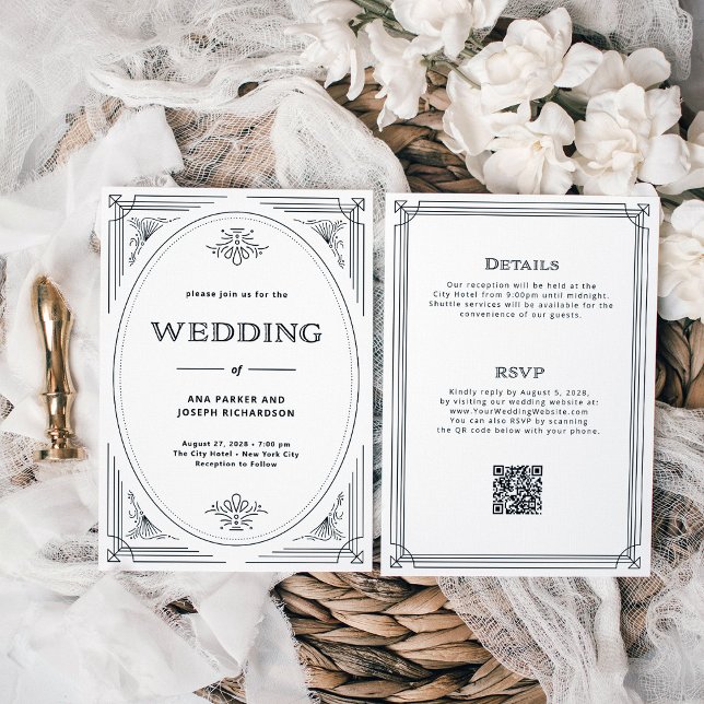 Modern Deco Black and White All in One Wedding Invitation (Creator Uploaded)