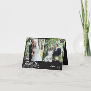 Modern Deco Black Swan 2 Photo Wedding Folded Thank You Card