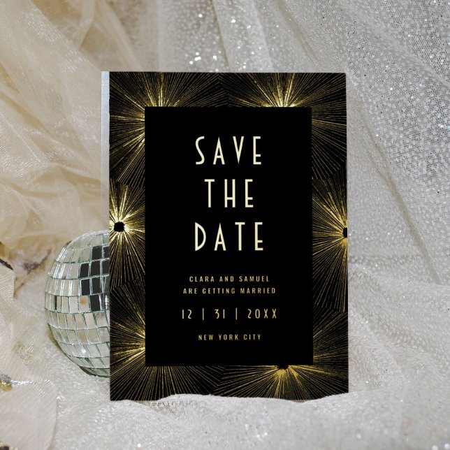 Modern Deco Black Wedding Save the Date Gold (Glitz and glam fireworks bursts on this black and gold foil wedding save the date invitation.)