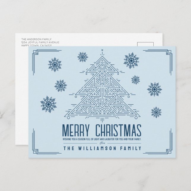 Modern Deco Christmas Tree Snowflakes Light Blue Holiday Postcard (Front/Back)