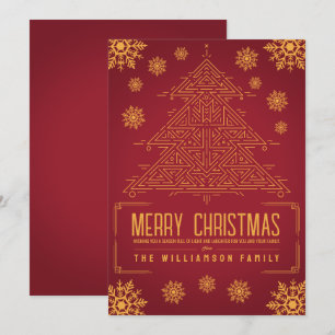 Modern Deco Christmas Tree Snowflakes Orange Red Holiday Card