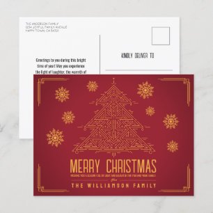 Modern Deco Christmas Tree Snowflakes Orange Red Holiday Postcard