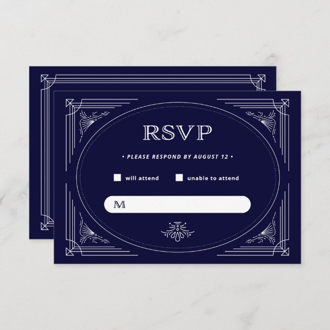 Modern Deco | Dark Navy Blue and White RSVP Card (Front/Back)