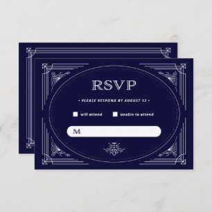 Modern Deco   Dark Navy Blue and White RSVP Card