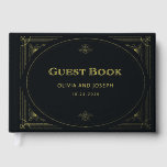 Modern Deco | Elegant Black and Gold Foil Wedding Guest Book<br><div class="desc">This glamourous wedding guest book features a modern spin on classic art deco. An ornate,  real gold foil geometric frame and ornamentation decorate an elegant dark black background for a dramatic,  vintage wedding look.</div>
