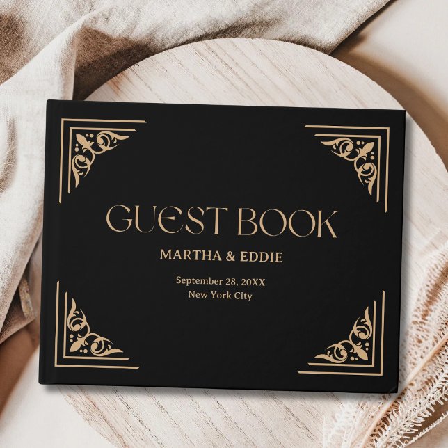 Modern Deco | Elegant Black and Gold Wedding Guest Book (Elegant black and gold guest book captures heartfelt wedding memories in timeless deco style.)