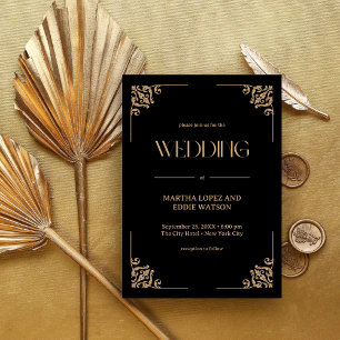 Modern Deco Elegant Black and Gold Wedding Invitation