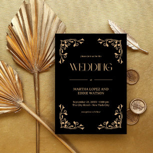 Modern Deco Elegant Black and Gold Wedding Invitation