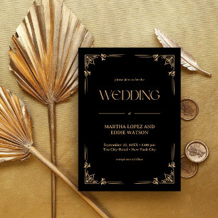 Modern Deco Elegant Black and Gold Wedding Invitation