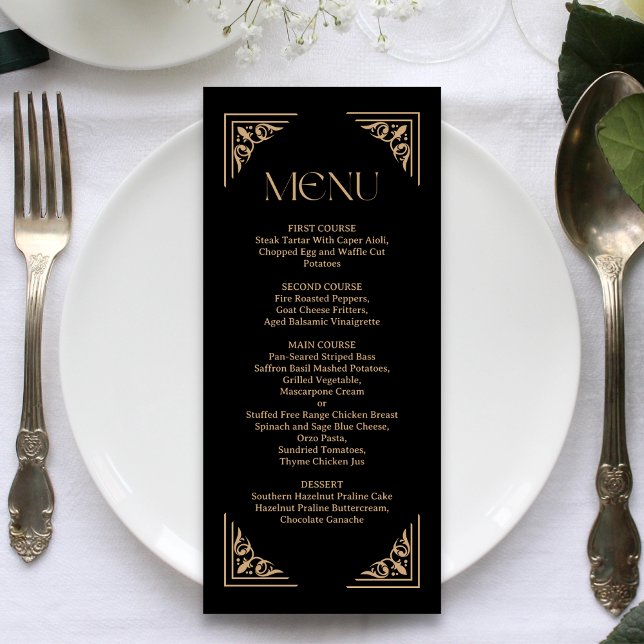Modern Deco | Elegant Black and Gold Wedding Menu (Elegant black and gold wedding menu highlights your dishes with sleek personalized elegance)