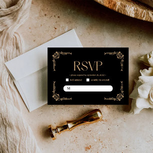 Modern Deco Elegant Black and Gold Wedding RSVP Card