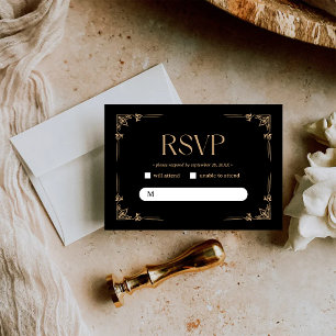 Modern Deco Elegant Black and Gold Wedding RSVP Card