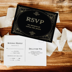 Modern Deco Elegant Black and Gold Wedding RSVP Foil Invitation Postcard