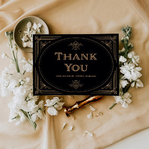 Modern Deco Elegant Black and Gold Wedding Thank You Card