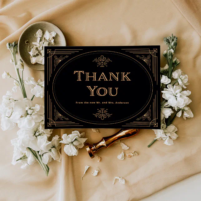 Modern Deco | Elegant Black and Gold Wedding Thank You Card | Zazzle