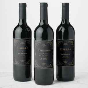 Modern Deco   Elegant Black and Gold Wedding  Wine Label