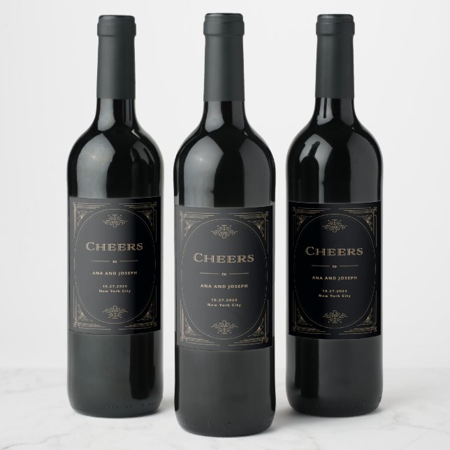 Modern Deco | Elegant Black and Gold Wedding  Wine Label (Bottles)