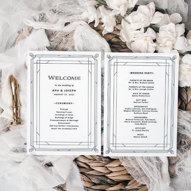 Modern Deco | Elegant Black and White Wedding Program (A vintage art deco style wedding program in black and white)
