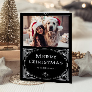 Modern Deco   Elegant Black with Photo Holiday Card