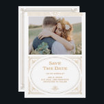 Modern Deco | Elegant Faux Gold and White Photo Save The Date<br><div class="desc">These glamourous wedding save the date cards feature a modern spin on classic art deco. An ornate,  faux gold look geometric frame and ornamentation decorate an elegant white background with your favourite personal photo for a dramatic,  vintage wedding look.</div>