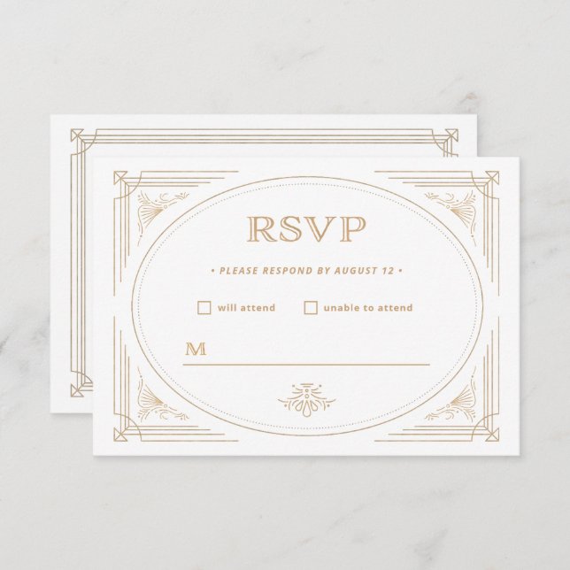 Modern Deco | Elegant Gold and White Wedding RSVP Card (Front/Back)