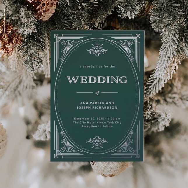Modern Deco | Elegant Green Holiday Wedding (An elegant rich festive green wedding invitation with silver foil accents for the holidays)