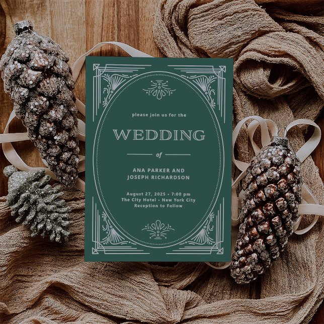 Modern Deco | Elegant Holiday Green Wedding Invitation (An elegant wedding invitation for the holidays in festive green with light silver/white accents)