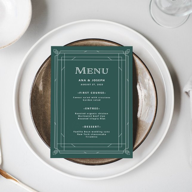 Modern Deco | Elegant Holiday Green Wedding Menu (A festive green menu for your elegant holiday wedding)