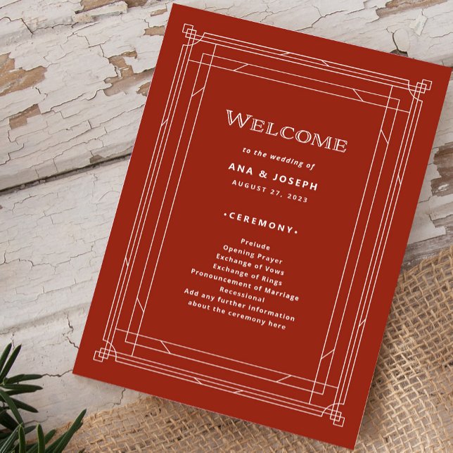 Modern Deco | Elegant Holiday Red Wedding Program (A festive red welcome program for your holiday wedding)