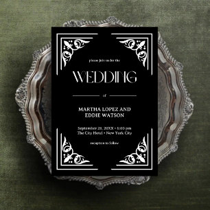 Modern Deco Elegant Onyx Black and White Wedding Invitation