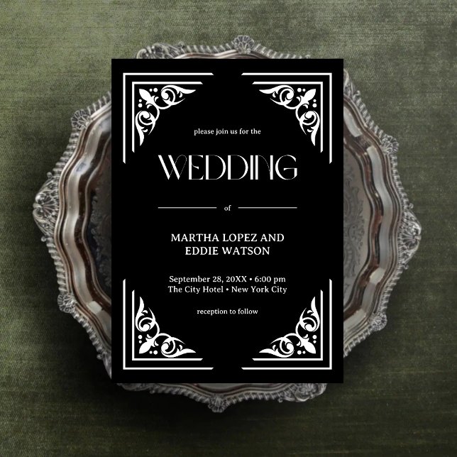Modern Deco | Elegant Onyx Black and White Wedding Invitation (Creator Uploaded)