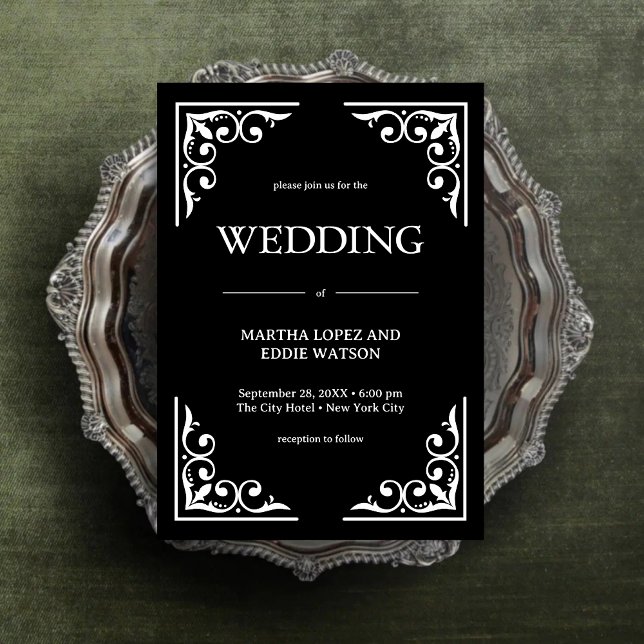 Modern Deco | Elegant Onyx Black and White Wedding Invitation (Modern deco onyx black and white wedding invitation sets a bold, timeless tone.)