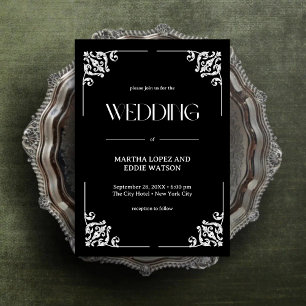 Modern Deco Elegant Onyx Black and White Wedding Invitation