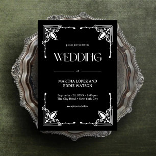 Modern Deco Elegant Onyx Black and White Wedding Invitation