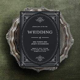 Modern Deco | Elegant Onyx Black and White Wedding Invitation