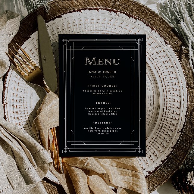 Modern Deco | Elegant Onyx Black and White Wedding Menu (Creator Uploaded)