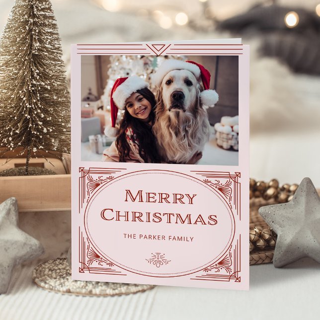 Modern Deco | Elegant Pink and Red with Photo Holiday Card (A stylish blush pink and red Christmas card with elegant art deco accents)