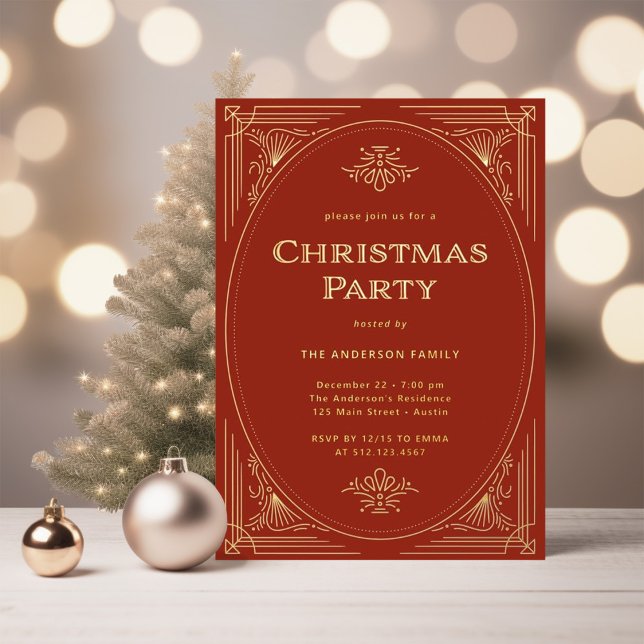 Modern Deco | Elegant Red Christmas Party Gold (An elegant, gold foil Christmas party invitation with a festive red background)