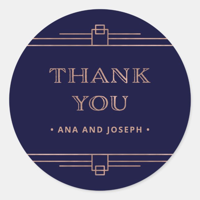 Modern Deco | Elegant Rose Gold on Navy Wedding Classic Round Sticker (Front)