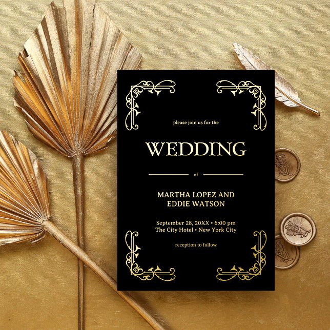 Modern Deco | Elegant Wedding Black and Gold (Modern deco black and gold foil invitation creates a sleek, luxe feel for your wedding.)
