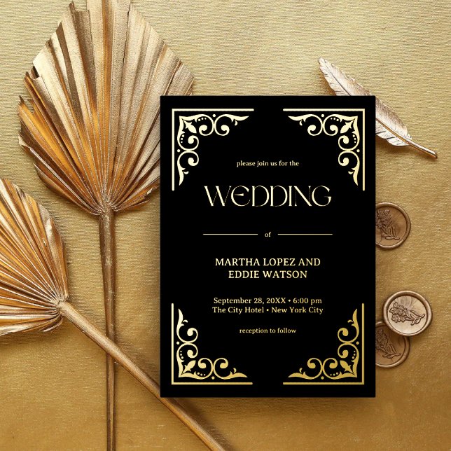 Modern Deco | Elegant Wedding Black and Gold (Modern deco black and gold foil invitation brings refined luxury to your modern wedding.)