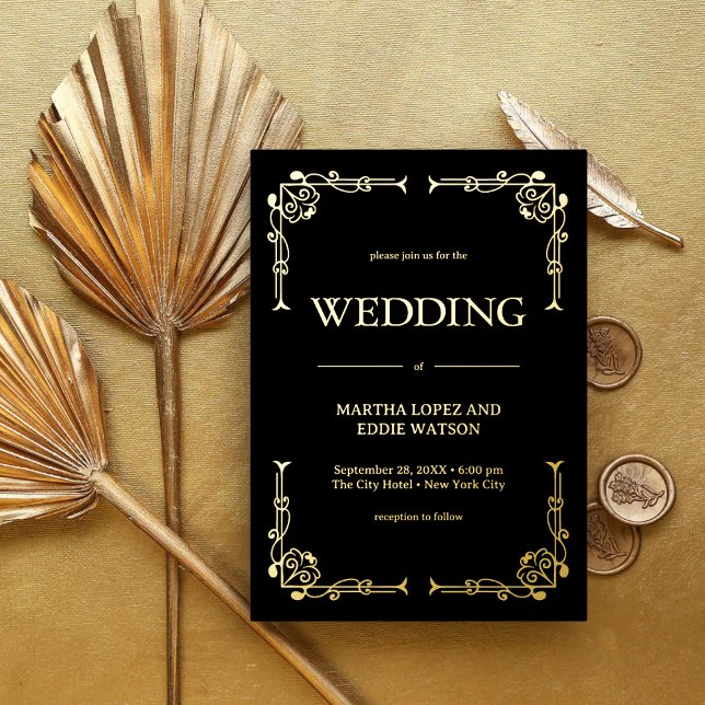 Modern Deco | Elegant Wedding Black and Gold (Modern deco black and gold foil invitation brings sleek luxury to your wedding day.)