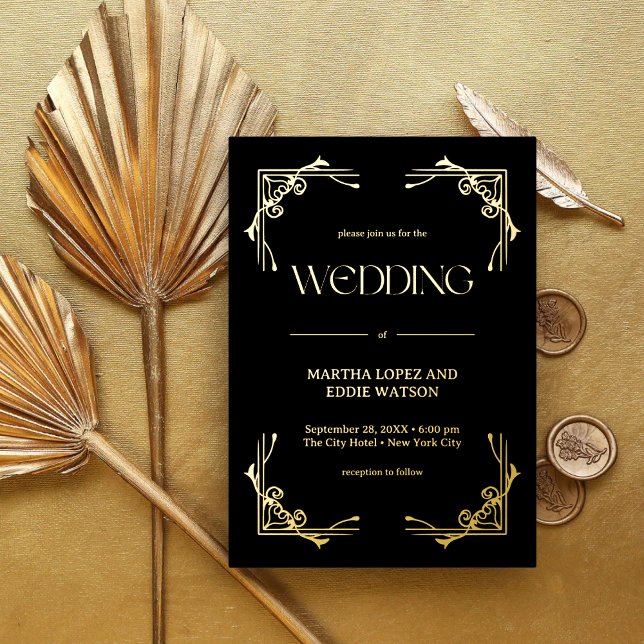 Modern Deco | Elegant Wedding Black and Gold (Modern deco black and gold foil invitation brings luxe elegance to your custom wedding day.)