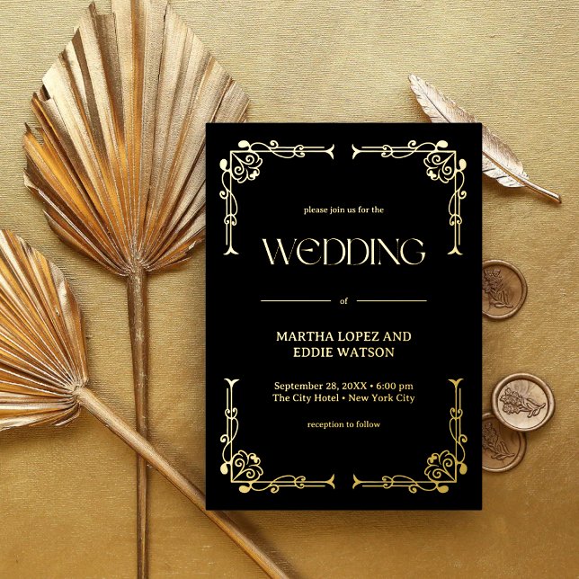 Modern Deco | Elegant Wedding Black and Gold (Modern deco black and gold foil invitation adds refined luxury to your modern wedding.)