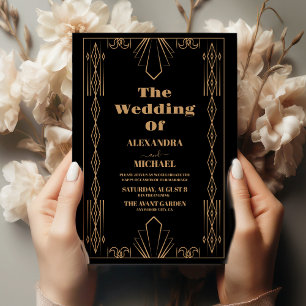 Modern Deco Elegant Wedding Black and Gold Invitation