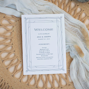 Modern Deco   Elegant White and Dusty Blue Wedding Program