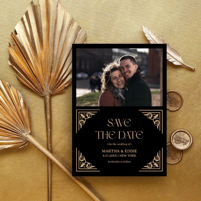 Modern Deco | Faux Gold and Black Photo Wedding Save The Date (Creator Uploaded)
