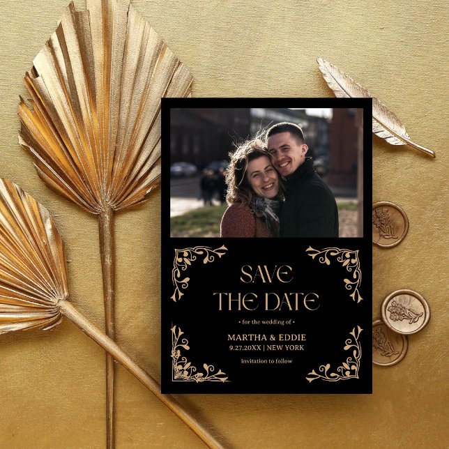 Modern Deco | Faux Gold and Black Photo Wedding Save The Date (Creator Uploaded)